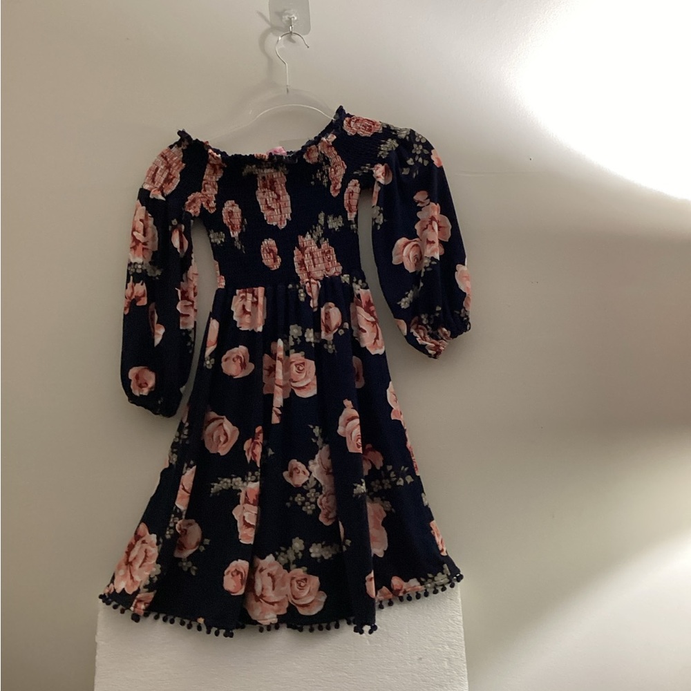 Kiss Blue Sundress with Ruffled Neckline and 3/4 Bishop Sleeves